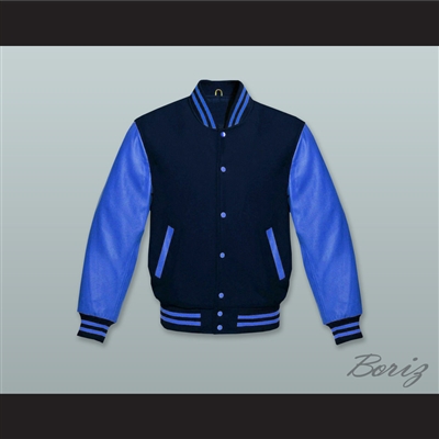 Navy Blue Wool and Ocean Blue Lab Leather Varsity Letterman Jacket