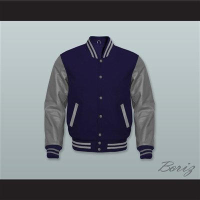 Navy Blue Wool and Gray Lab Leather Varsity Letterman Jacket