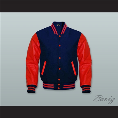 Navy Blue Wool and Red Lab Leather Varsity Letterman Jacket 1