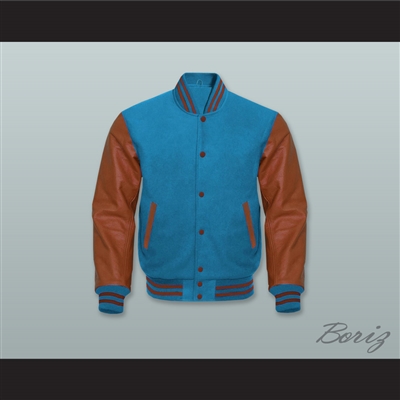 Ocean Blue Wool and Brown Lab Leather Varsity Letterman Jacket