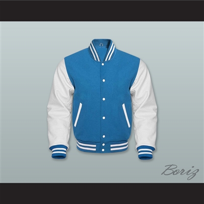 Ocean Blue Wool and White Lab Leather Varsity Letterman Jacket