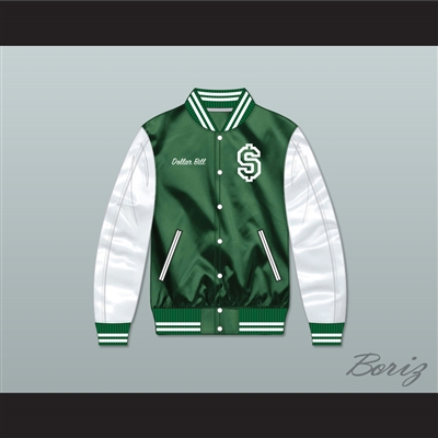 Dollar Bill Paid In Full Green/ White Varsity Letterman Satin Bomber Jacket