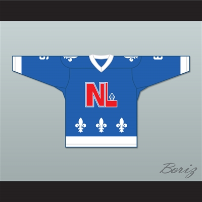 Pierre Jacob 6 Le National de QueÌbec Blue Hockey Jersey- Lance et compte (He Shoots, He Scores)