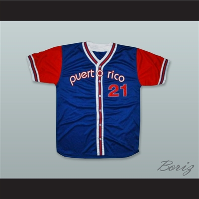 Puerto Rico 21 Blue Button Down Baseball Jersey