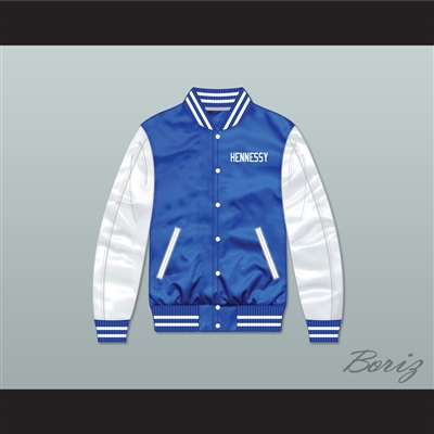 Hennessy Queens Bridge 95 Blue/ White Varsity Letterman Satin Bomber Jacket