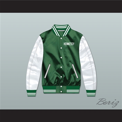 Hennessy Queens Bridge 95 Green/ White Varsity Letterman Satin Bomber Jacket