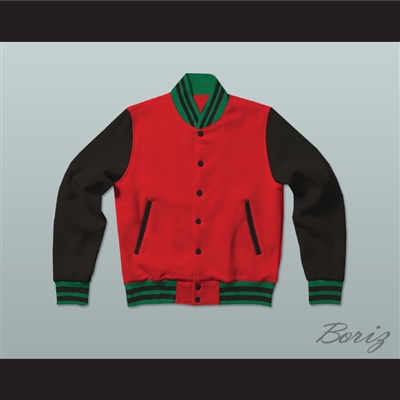 Red, Black and Green Varsity Letterman Jacket-Style Sweatshirt