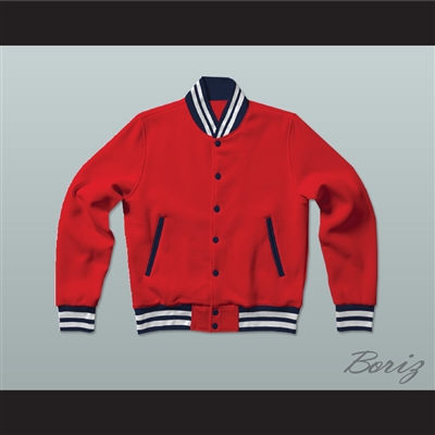 Red, Dark Blue and White Varsity Letterman Jacket-Style Sweatshirt