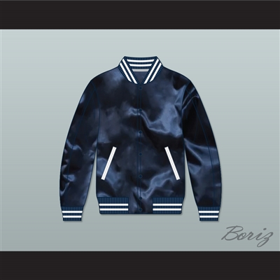 Reigning Champ Navy Blue Varsity Letterman Satin Bomber Jacket