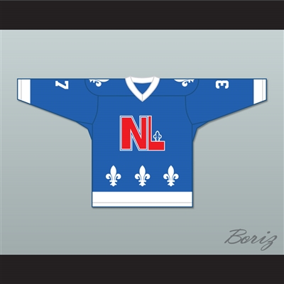 Roger Ladouceur 37 Le National de QueÌbec Blue Hockey Jersey- Lance et compte (He Shoots, He Scores)