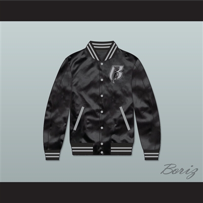 Ruff Ryders Black Varsity Letterman Satin Bomber Jacket