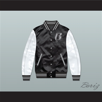 Ruff Ryders Black and White Varsity Letterman Satin Bomber Jacket