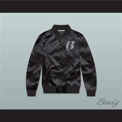 Ruff Ryders Entertainment Black Varsity Letterman Satin Bomber Jacket