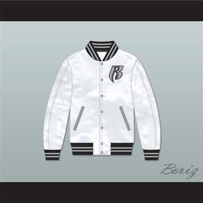 Ruff Ryders White Varsity Letterman Satin Bomber Jacket