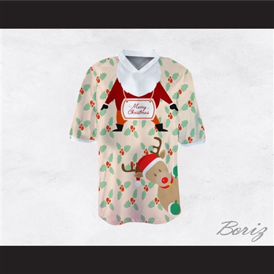 Santa Claus and Reindeer Ugly Christmas Sweater Print Beige Football Jersey