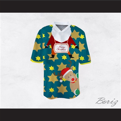 Santa Claus and Reindeer Ugly Christmas Sweater Print Green Football Jersey