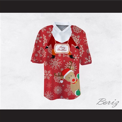 Santa Claus and Reindeer Ugly Christmas Sweater Print Red Football Jersey