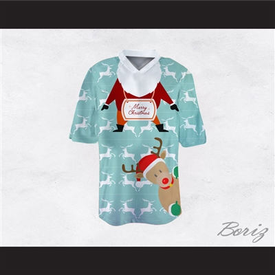 Santa Claus and Reindeer Ugly Christmas Sweater Print Light Blue Football Jersey