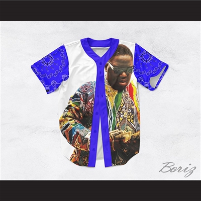 Biggie Smalls 69 White with Blue Bandana Sleeves Baseball Jersey