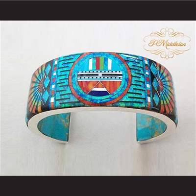 P Middleton Sun Face Cuff Bracelet Sterling Silver .925 Micro Inlay Stones