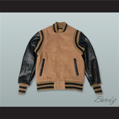 Tan Wool and Black Lab Leather Varsity Letterman Jacket