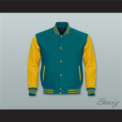 Teal Wool and Yellow Gold Lab Leather Varsity Letterman Jacket