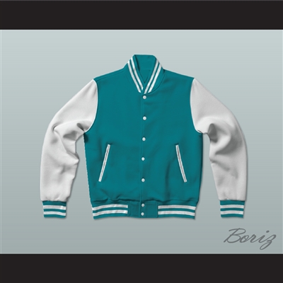 Teal and White Varsity Letterman Jacket-Style Sweatshirt