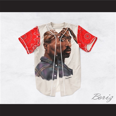 Tupac Shakur 13 White with Red Bandana Sleeves Baseball Jersey