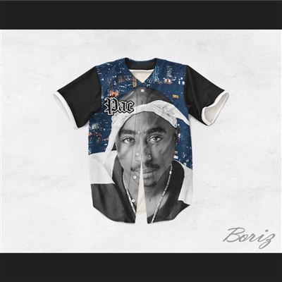Tupac Shakur 16 Bandana Cityscape with Black Sleeves Baseball Jersey