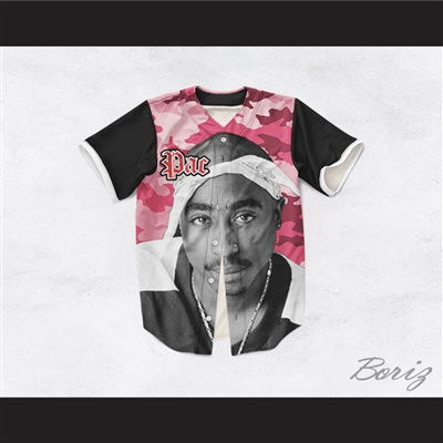 Tupac Shakur 16 Bandana Pink Camouflage with Black Sleeves Baseball Jersey
