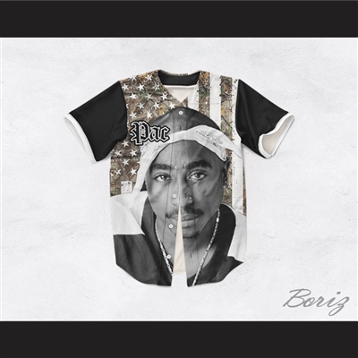 Tupac Shakur 16 Bandana American Flag with Black Sleeves Baseball Jersey