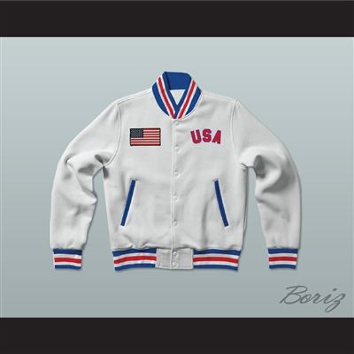 USA United States of America White Letterman Jacket-Style Sweatshirt