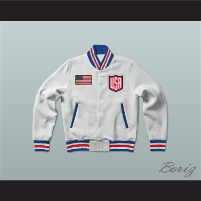 USA White Varsity Letterman Jacket-Style Sweatshirt 2