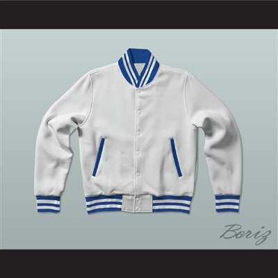 White and Blue Varsity Letterman Jacket-Style Sweatshirt