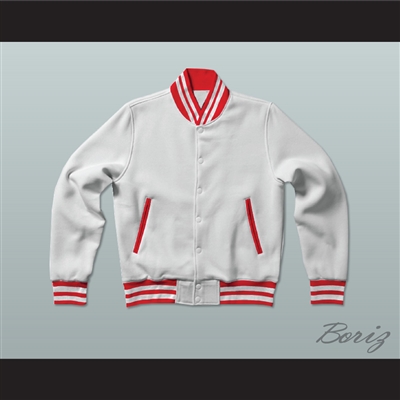 White and Red Varsity Letterman Jacket-Style Sweatshirt