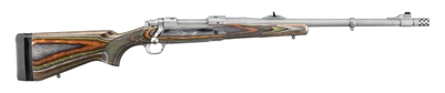 Ruger Hawkeye Guide Gun 338 Win Mag bolt action rifle with Green Mountain laminate stock, stainless steel barrel, Hawkeye Matte finish, 20 inch barrel, sights, and muzzle brake system