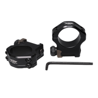Close-up view of Christensen Arms Ultralight PRSR-X2 1" Low Scope Rings â€“ lightweight anodized aluminum rings with stainless steel hardware, mounted on Picatinny rail