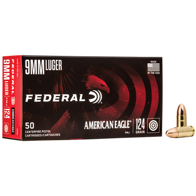 Federal American Eagle 9mm Luger 124 grain FMJ 50-round box AE9AP