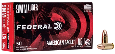 Federal American Eagle 9mm Luger 115 grain FMJ 50-round box AE9DP