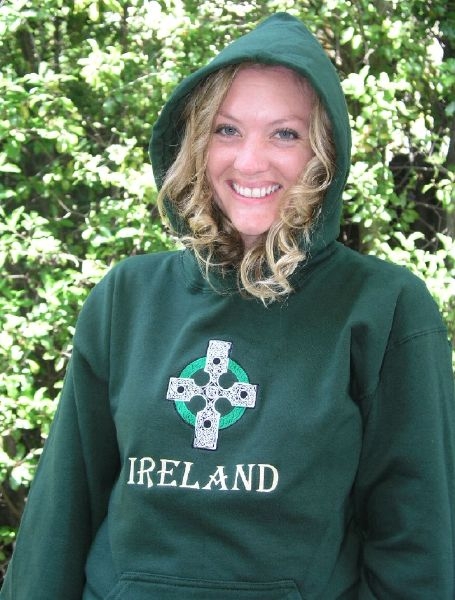 Irish Embroidered Hooded Sweatshirt Celtic Ireland , Forest Green