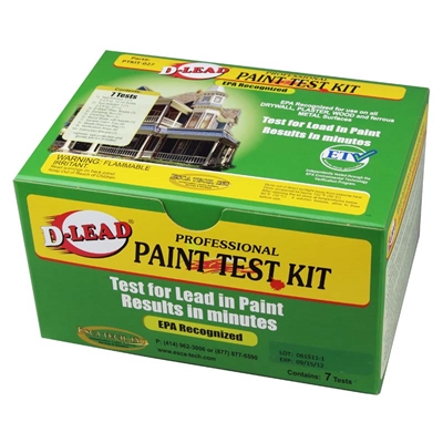 D-Lead Paint Test Kit: green box with a picture of a house on the top. Professional paint test kit.