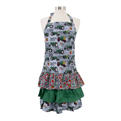 Ladies' Oliver Tractor Apron with Ruffles, Gray
