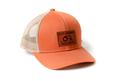 Allis Chalmers Sales and Service Leather Emblem Hat, Orange Mesh