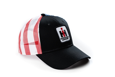 IH International Harvester Logo Hat, Black with US Flag Mesh Back