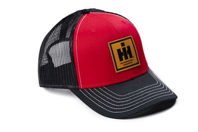 International Harvester Leather Emblem Hat, Red with Black Mesh Back and Black Brim