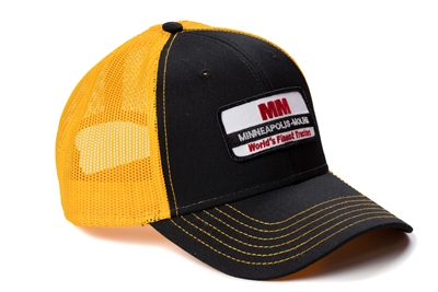 Minneapolis Moline Logo Hat, World's Finest Tractor Logo, Black and Gold Mesh