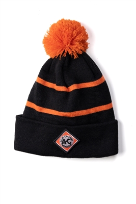 Allis Chalmers Knit Hat, Black with Orange Stripe and PomPom, Vintage AC logo