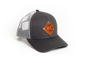Vintage Allis Chalmers Logo Hat, Leather Emblem, Gray/White Mesh
