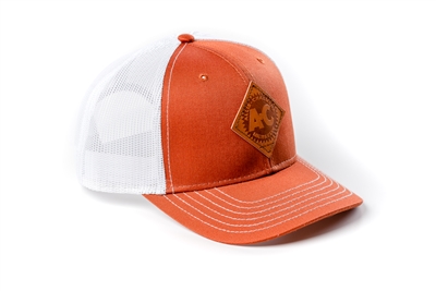 Vintage Allis Chalmers Logo Hat, Leather Emblem, Burnt Orange Mesh