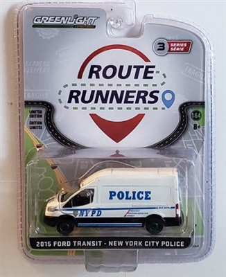 Greenlight Collectibles Route Runners Series 3 - 2015 Ford Transit LWB High Roof NYPD (Green Machine)